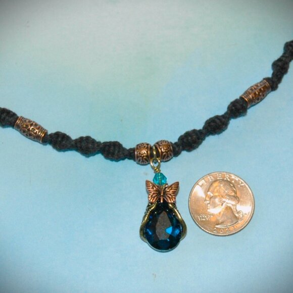 Teardrop Blue Topaz Colored Butterfly on a 22 1/4" Handmade Black Hemp Chain - Picture 5 of 7